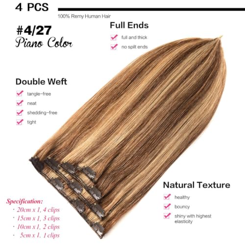 GEELOOK Clip-in Hair Extensions Remy Human Hair 18 Inch 70g #4/27 Chocolate Brown Light Blonde