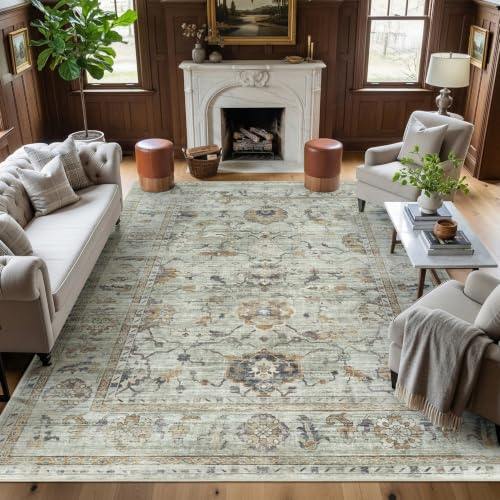 Washable 6x9 Area Rug - Sage Green Gold Gray Vintage Boho Floral (Green/Gold/Multi) by Sparkle Gaze