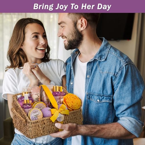 Bath Spa Gift Sets - Luxury Basket With Honey & Lavender - Spa Kit Includes Wash, Bubble Bath, Lotion, Bath Salts, Body Scrub, Body Spray, Shower Puff, Bathbombs, Soap and Towel