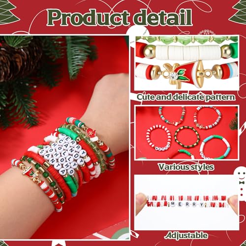 Tondiamo 72 Pcs Christmas Bracelets and Scrunchies Christmas Party Favor Gift Red Green Santa Joy Merry Candy Holiday Stackable Stretch Friendship Bracelets and Scrunchies with Gift Cards for Women