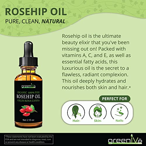 GreenIVe Organic Rosehip Oil - 16 Fl Oz Cold Pressed Virgin Skin & Hair Oil - Pack of 1