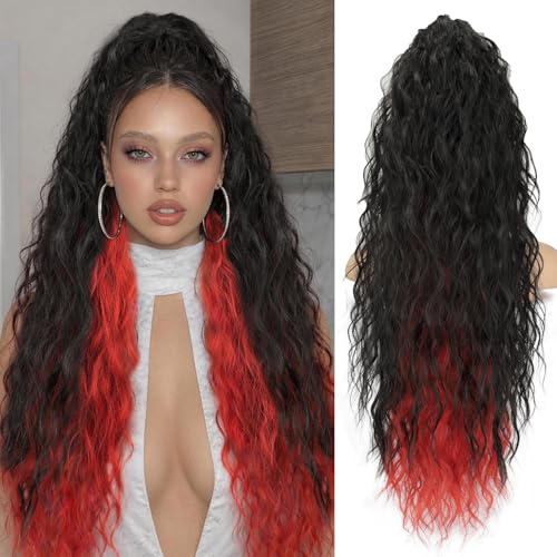 30-Inch Curly Ponytail Extension with Claw Clip - Natural Look, Black and Red