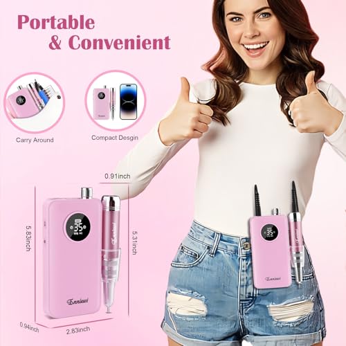 Cordless Professional Nail Drill Kit - Pink, 35000RPM, Rechargeable Efile for Acrylic & Gel Nails