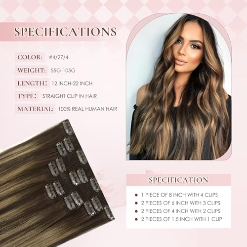 16 Inch Clip-In Human Hair Extensions - 7 Pieces, 75g Balayage Chocolate Brown to Caramel Blonde, Remy Thick Straight Hair, No Shedding - Variation #4/27/4