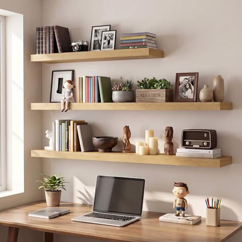 Vivelove Oak Floating Shelves Set of 2 - 40 x 8 Inch Wall Storage with Hidden Brackets