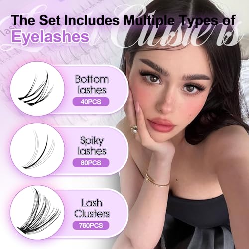 Wendy Lash Clusters Kit With Bottom Lashes 40D+50D+60D+80D+100D+150D 880-Pcs Fluffy Eyelash Clusters D Curl Lashes Extension Soft Eyelash Extension Kit Wispy Natural DIY at Home
