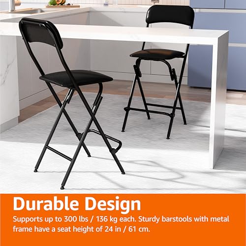 2 Pack Folding Bar Stools with Footrest, 24" Black Portable Seat Set of 2