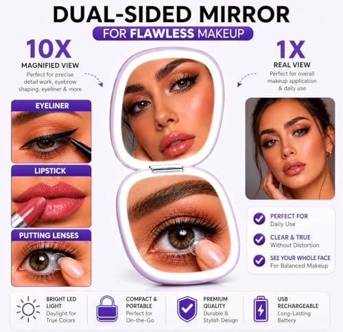 Lighted Makeup Mirror with 10X Magnification, Dimmable LED, Portable USB Rechargeable - Lavender