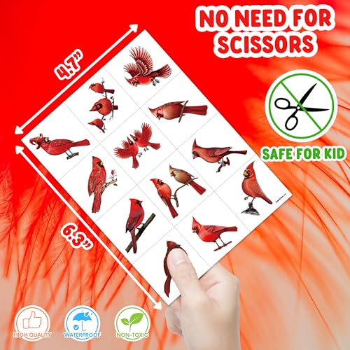 96 PCS Winter Christmas Red Cardinal Bird Pre-cut Temporary Tattoos Stickers Themed Party Supplies Birthday Decorations Favors Cute Fake Tattoo Gifts for Kids Girls Boys Decor School Reward