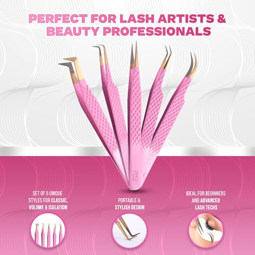 5 Pcs Fiber-Tip Japanese Steel Lash Tweezer Set with Leather Case, Professional Eyelash Tweezers for Lash Extensions ? Titanium Coated, 90 & 45 Angled, Precision Pointed Tweezers (PINK)