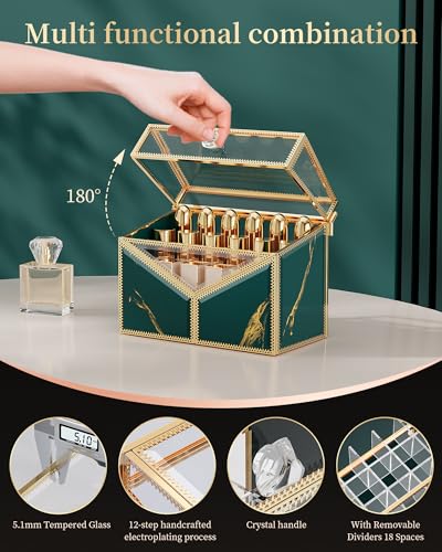CoralHouse Green Glass Lipstick Organizer with Lid - 18 Slots Vanity Storage