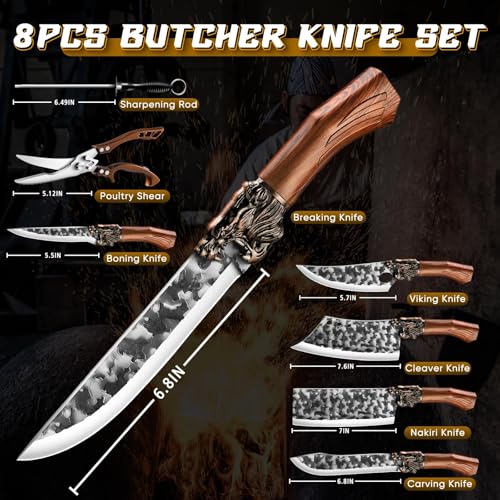 Purple Dragon 8-Piece Japanese Chef Knife Set with Roll Bag - Butcher & Meat Knives