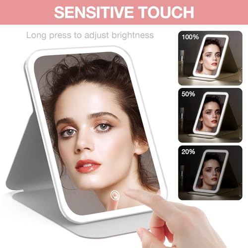Pink Portable LED Lighted Makeup Mirror with 360° Rotation & Dimmable Touch Screen