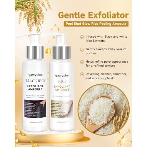 Peel Shot Glow Rice Ampoule Duo, Black and White Rice Peeling, Soft Rice Exfoliating Face & Body Scrub, Gentle Peel & Deep Hydration, Rice Exfoliant Serum (White Rice, 3.52 FL.OZ)