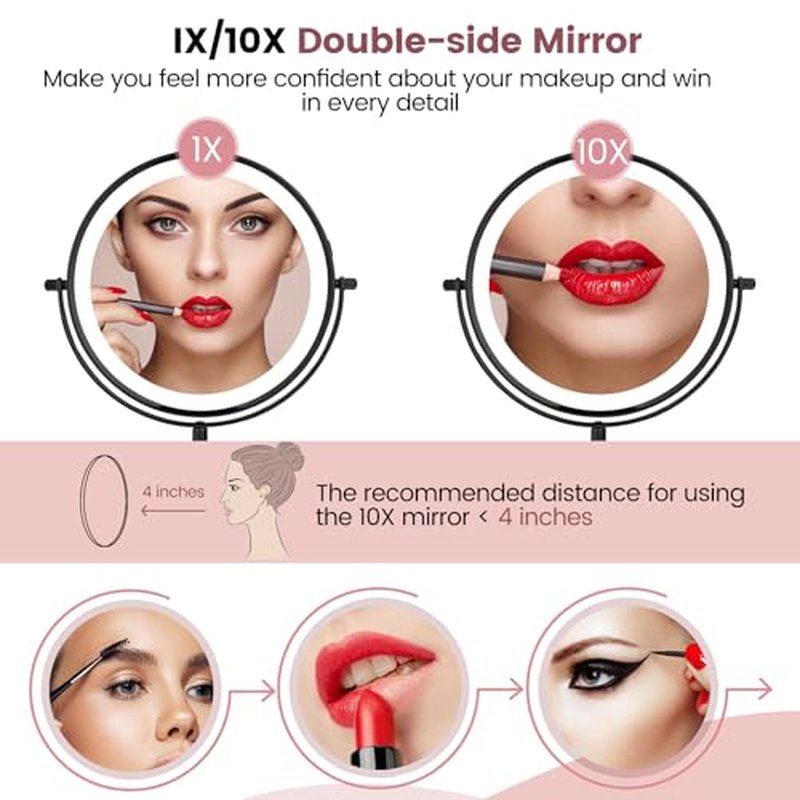 8" Vanity Mirror with Lights Rechargeable, 1X/10X Magnifying Makeup Mirror with Touch Screen, 54 LED Adjustable Brightness, 3 Color Modes, 360¡Æ Rotation for Tabletop & Bedroom