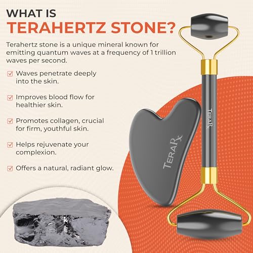 TeraRX Terahertz Gua Sha & Facial Roller Set - Authentic Stone Skin Care Kit for Face Massage & Rejuvenation
