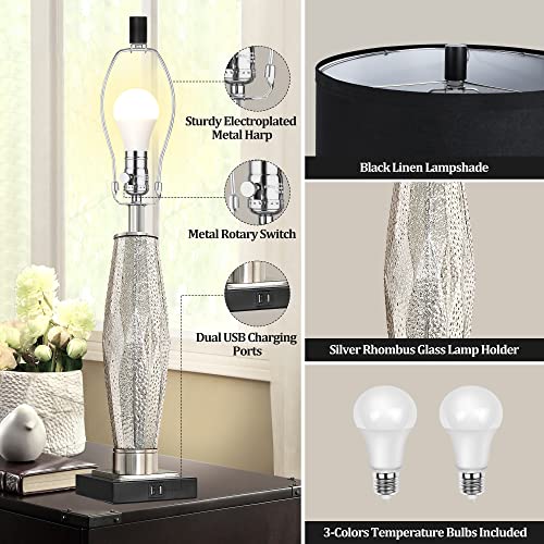 Black QiMH Set of 2 Glass Table Lamps with USB Charging Ports, Modern Nightstand Lights