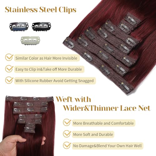 Clip in Hair Extensions Real Human Hair Burgundy Red 18 Inch 7pcs 70g/Pack - Soft, Straight, Easy to Use for Women - Variation of THIS listing