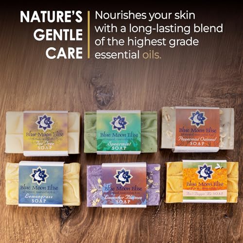Blue Moon Elise All Natural Soap Bars Variety 6-Pack, Made with Organic Ingredients, Handmade in the USA, Moisturizing and Therapeutic for Face & Body, Sensitive Skin, Men & Women