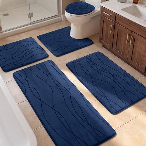 YIHOUSE 5-Piece Bathroom Rugs Set Memory Foam Bath Mat Navy Blue Dark Blue 3'10" x 1'8"