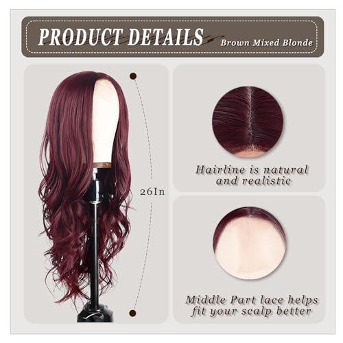 Refined Hair Long Burgundy Wavy Wig 26in for Women - Middle Part, Heat-Resistant Synthetic Fiber, Comfortable Fit