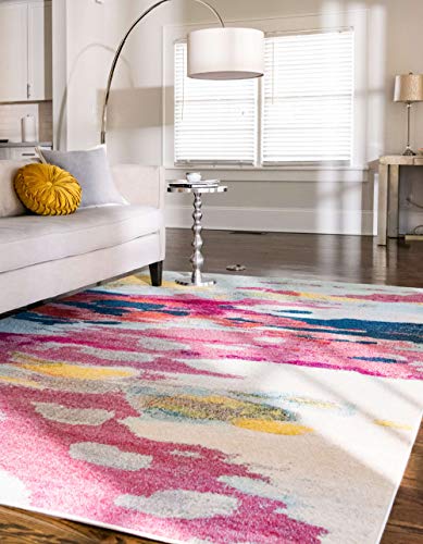 Rectangular Pink Ivory Abstract Area Rug - 5' x 8' Modern Vibrant Carpet