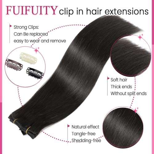 Clip in Hair Extensions 14 Inch 80g Natural Black #1B Remy Human Hair - Double Weft, Easy to Style