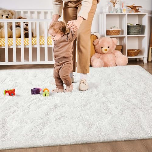 Large Ivory Shaggy Rug 9x12 Feet Modern Plush Furry Floor Carpet for Living Room Bedroom