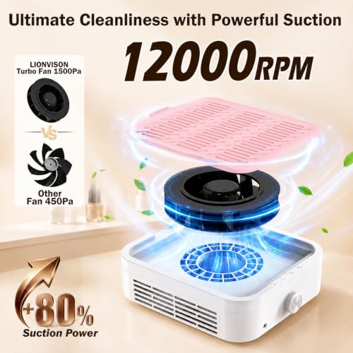 LIONVISON Pink Nail Dust Collector 12000RPM Quiet & Strong Suction