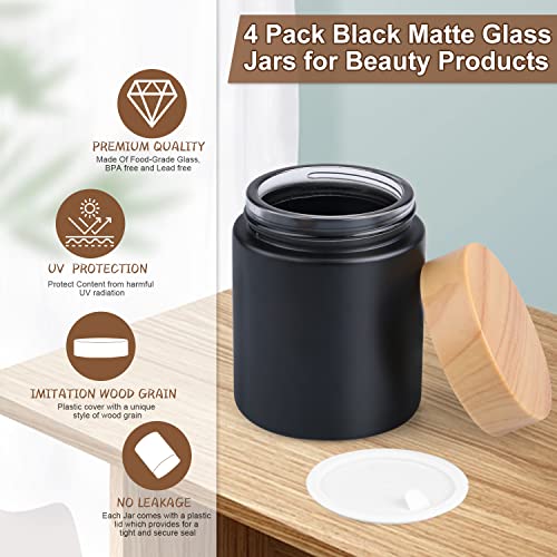 4 Pack 3.4 oz Black Glass Cream Jar,Empty Frosted Round Jar Pot with Plastic Lids,Inner Liner Travel Storage Jar Container for Lotion, Eyeshadow,Moisturiser,gel,Body Butters
