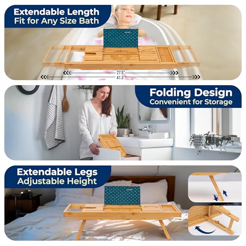 SereneLife 2-in-1 Foldable Bamboo Bathtub Caddy - Adjustable, Non-Slip, Device & Wine Glass Holder, Standard, Folding Set
