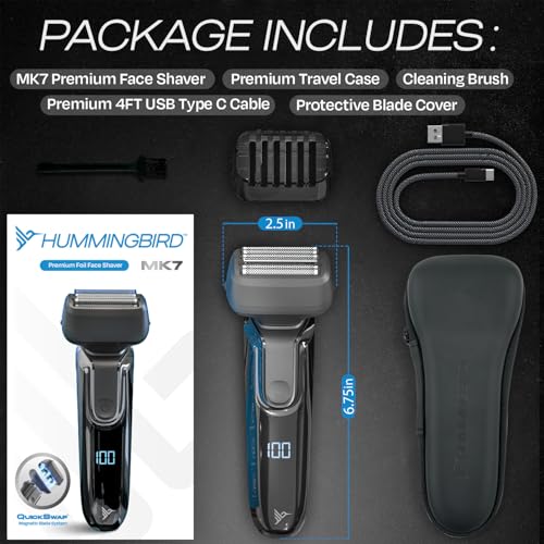HUMMINGBIRD MK7 Premium Foil Face Shaver, Four Blade Foil Shaver with Long Hair Leveler, Electric Razor for Men, Waterproof Wet & Dry Shave, Cordless USB-C Rechargeable, LED Display, Travel Case