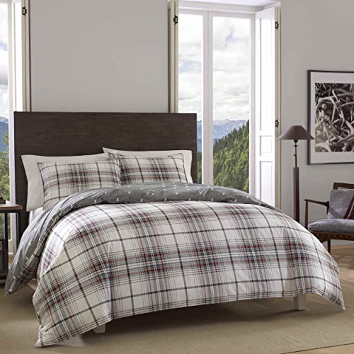 Queen Size Duvet Cover Set with Shams - Grey Red Plaid Reversible Cotton
