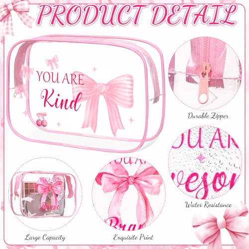 Kacctyen 10 Pcs Inspirational Pink Bow Makeup Bag 7 x 4.7 x 2.4'' Clear Coquette Stuff Cosmetic Bag Bulk Positive Affirmations Pink Bow Toiletry Pouch Waterproof PVC for Girls Women Nurse Team Bestie