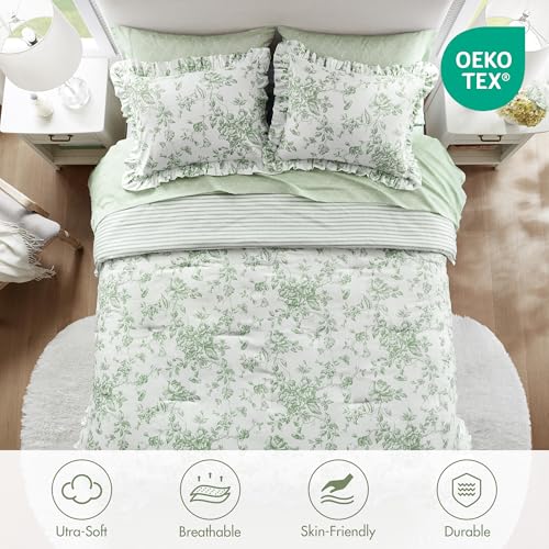 Queen Floral Comforter Set with Sheets - Reversible Shabby Chic Bedding, 7 Pieces - Green