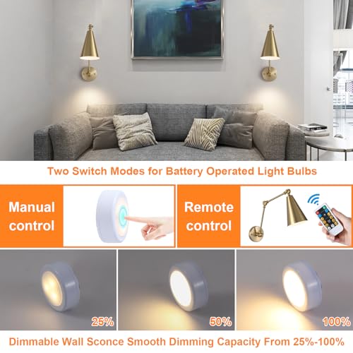 Gold Battery Operated Swing Arm Wall Sconce Set of 2 - Dimmable, Remote Control, Rechargeable Indoor Light with 3 Color Options