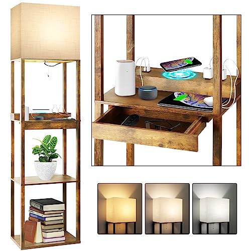 RUNTOP Upgraded Floor Lamp with Shelves and Wireless Charger - Brown with Drawer & USB Ports