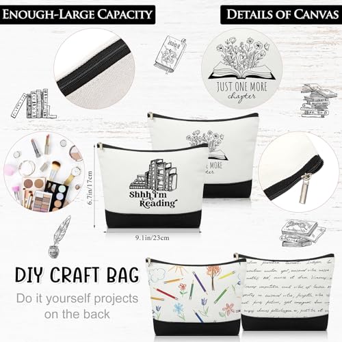 12 Pcs Book Club Gifts Book Tote Bag for Book Lovers Reading Quote Tote Bag Makeup Bag Reusable Cosmetic Bag with Metal Zipper Bookish Librarian Gifts for Women