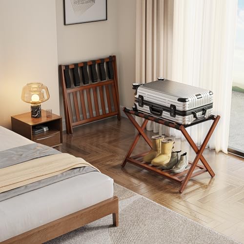 BAMBOOHOMIE 2 Pack Bamboo Luggage Rack with Storage Shelf - Brown