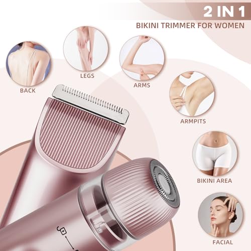 Bikini Trimmer for Women,Electric Dual Head Shaver, IPX7 Waterproof, Compact Travel Design Bikini Shaver for Public Hair, Facial and Body(Pink)