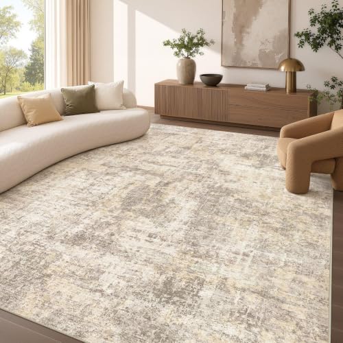 Beige 9x12 Area Rug for Living Room - Washable Soft Abstract Floor Cover