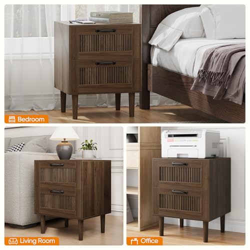 Walnut Fluted Nightstand with 2 Drawers - Mid-Century Modern Bedside Table