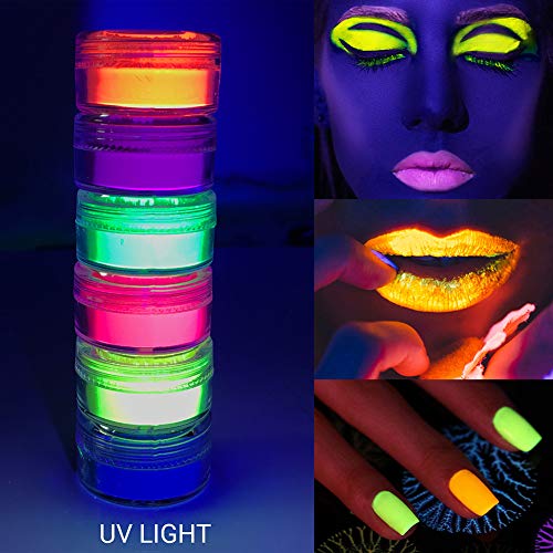Neon Pigment Eyeshadow Powder UV Reactive Glow in the Blacklight 6 Mixed Bright True Colors for Body/Eyeshadow, Carnival Party Halloween Makeup (6NE)