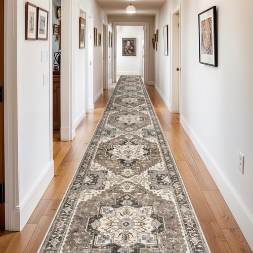 3' x 20' Washable Hallway Runner Rug Beige Non-Slip Distressed Floor Carpet