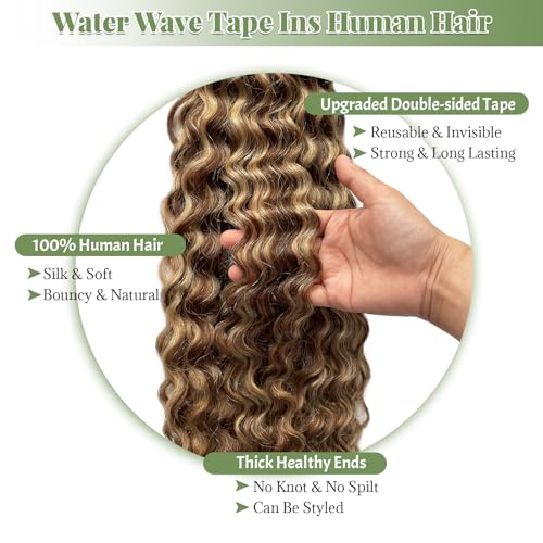 Munx 18 Inch Medium Brown Highlight Water Wave Tape-In Hair Extensions 50G #4/27