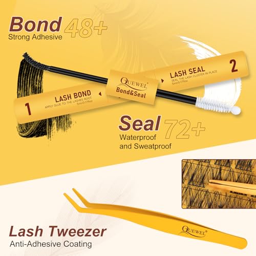 QUEWEL DIY Lash Extension Kit, Wispy Lash Clusters Kit D Curl 10-16mm Lash Clusters Natural Look Super Thin Band Cluster Lashes Kit 120 PCS with Lash Bond and Seal and Lash Tweezers(Feather 01 Kit)