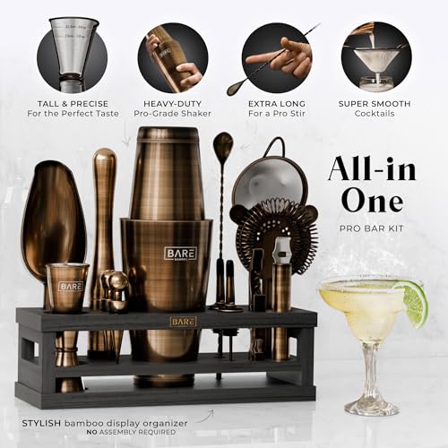 Mixology Bartender Kit Bar Set with Brass/Black 28oz Boston Shaker - Includes 16 Tools & Recipe Cards