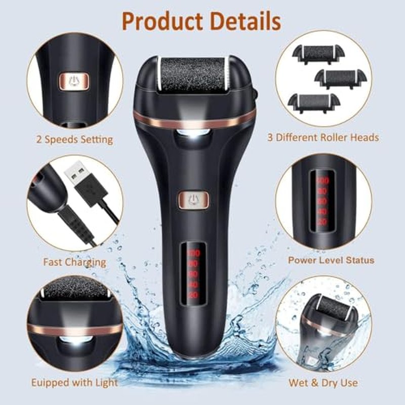 AdamPark Electric Callus Remover for Feet,Rechargeable Foot File Hard Skin Remover,Waterproof 14 in1 Professional Pedicure Kit for Cracked Heels &Dead Skin,with 3 Roller Heads 2 Speed(Black J8)