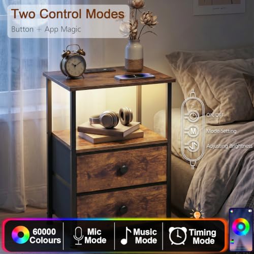 Set of 2 LED Nightstands with Charging Station - Rustic Brown / Power & RGB Lights