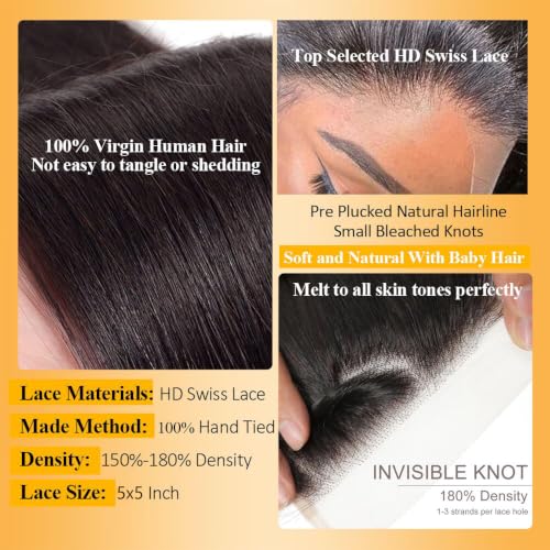 Brazilian Virgin Human Hair Lace Closure 5x5 Transparent HD Light Brown, 16 Inch - Natural Black Variation